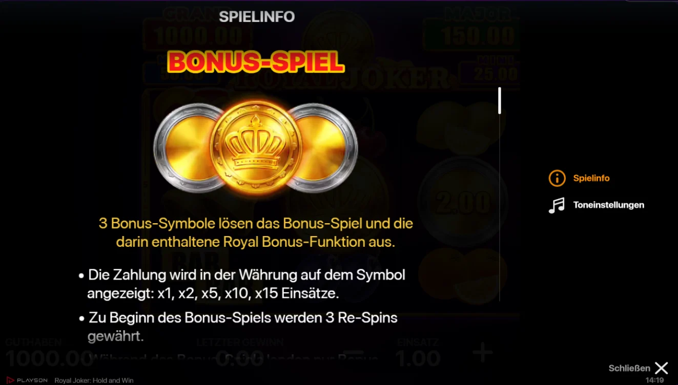 Royal Joker Bonus-Spiel Erklärung – Freispiele und Royal Bonus-Funktion mit Multiplikatoren.