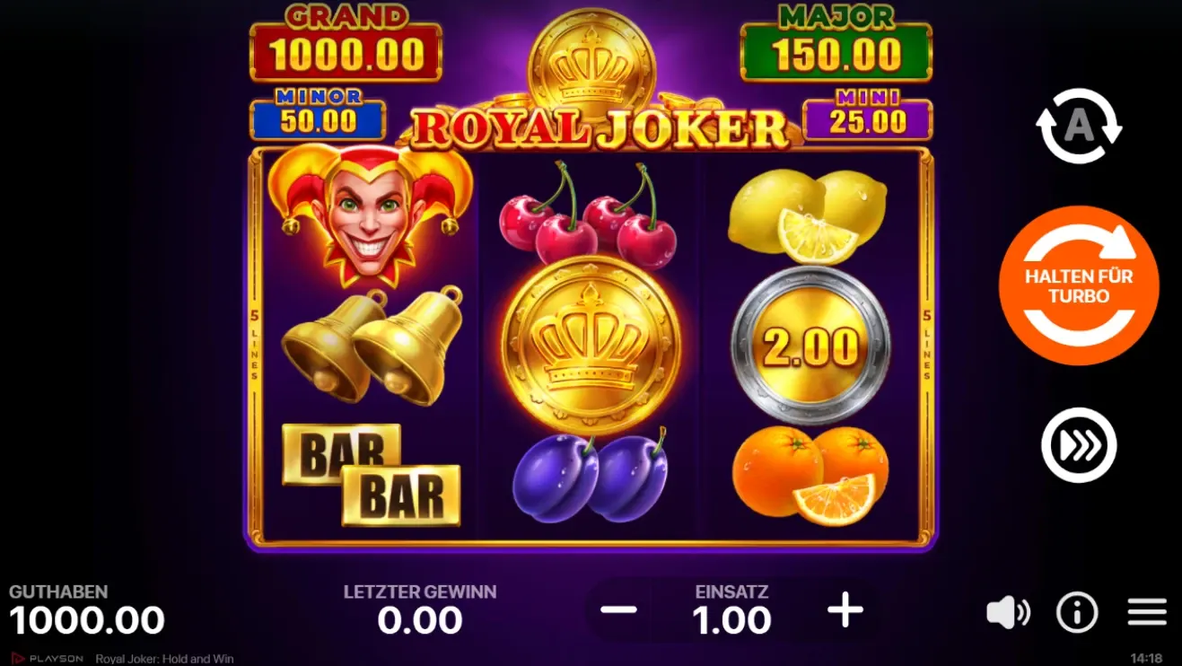 Royal Joker Slot Spieloberfläche mit Walzen, Joker-Symbolen und Einsatzsteuerung.